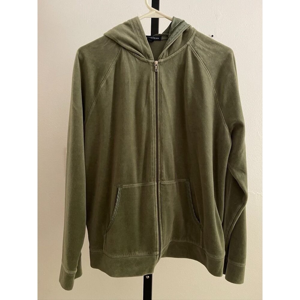 EUC Lands End Olive Velour Green Full-Zip Hoodie With Pockets